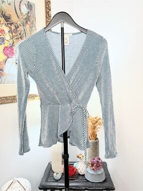 Caution to the Wind Wrap Top Women S Blue White Stripe Tie Waist Peplum